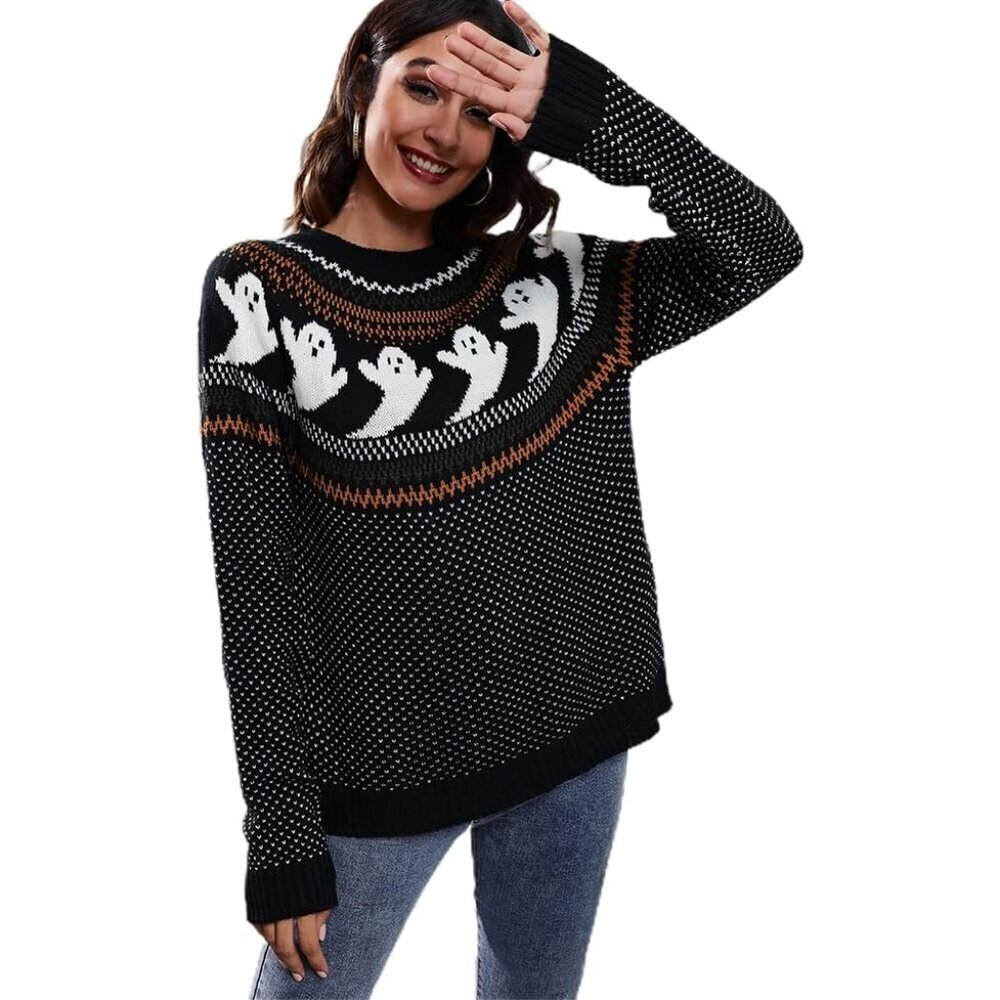 Women’s Knitted Pullover Sweater Long Sleeve Crew Neck Gothic Ghost Print - Picture 2 of 5
